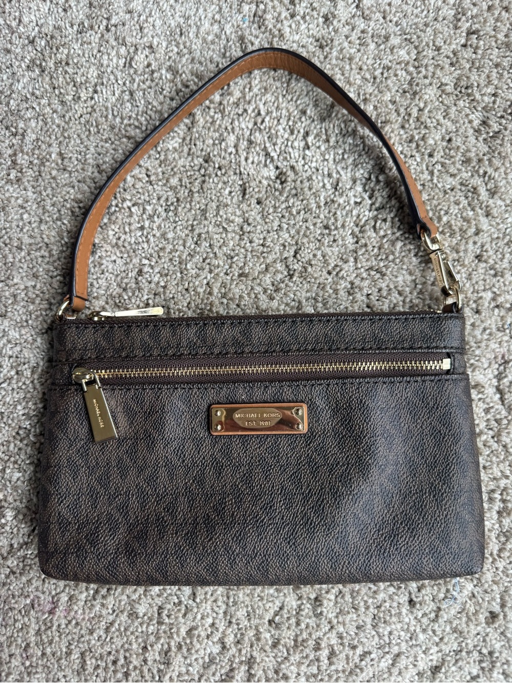 Michael Kors Brown Logo-Print Shoulder Pouch with Gold Hardware